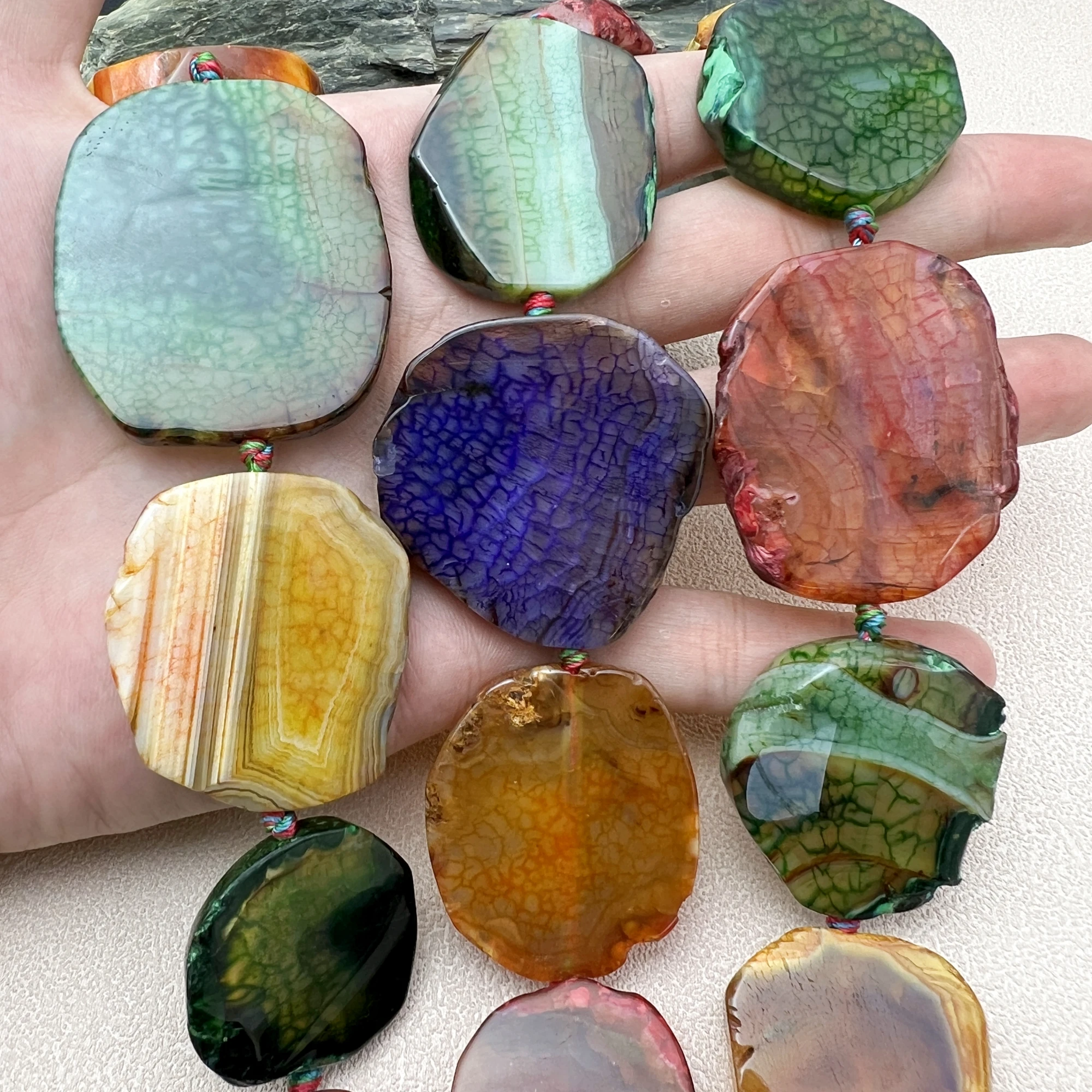 22Inchs Graduated Multicolor Large Dragon Veins Agates Slice Beads For DIY Choker Necklace Making MY250601