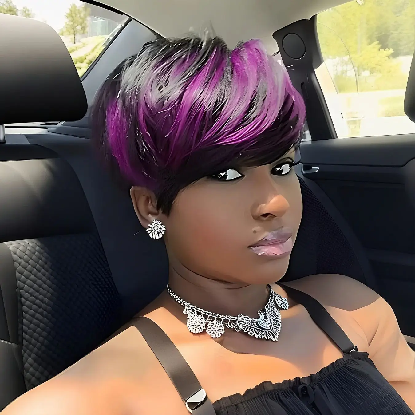 شعر مستعار بشري بقص بيكسي للنساء 1B/أرجواني قصير مستقيم بنمط كامل مصنوع آليًا مثاليًا للنساء #1