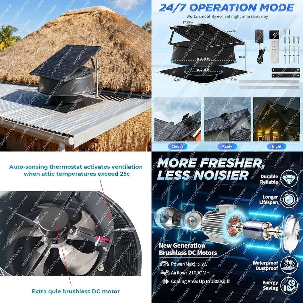 Home Appliance Exhaust Fan 12Inch 40Watt Solar Roof Vent with Ball Bearing Remote Control Metal Construction Hotel Outdoor