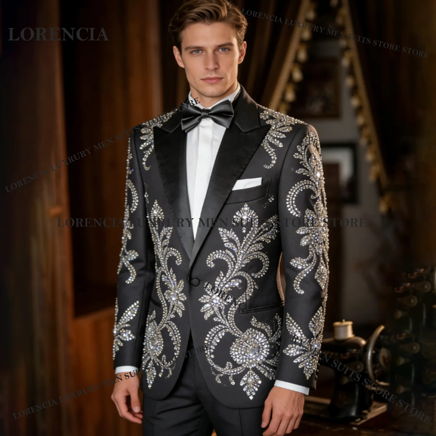

Customized Glitter Beads Men suits For Wedding Groom Rhinestone Diamond Male Prom Party Luxury Blazer 2 Pieces Sets Tuxedos Slim