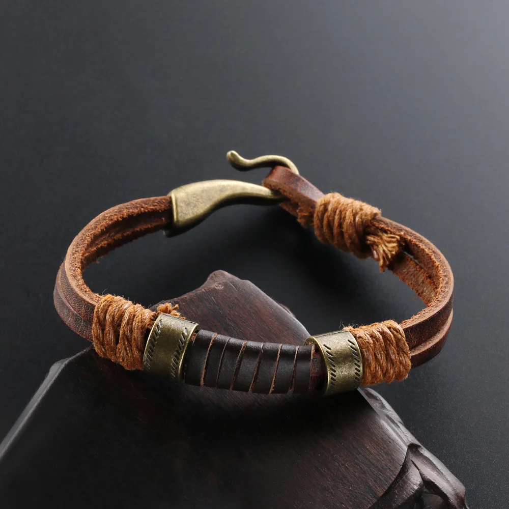 Kirykle Fashion Design Bangle Brown Punk Handmade Weaving Leather Bracelets For Man  Women Vintage Cuff Bangle Male Jewelry Gift