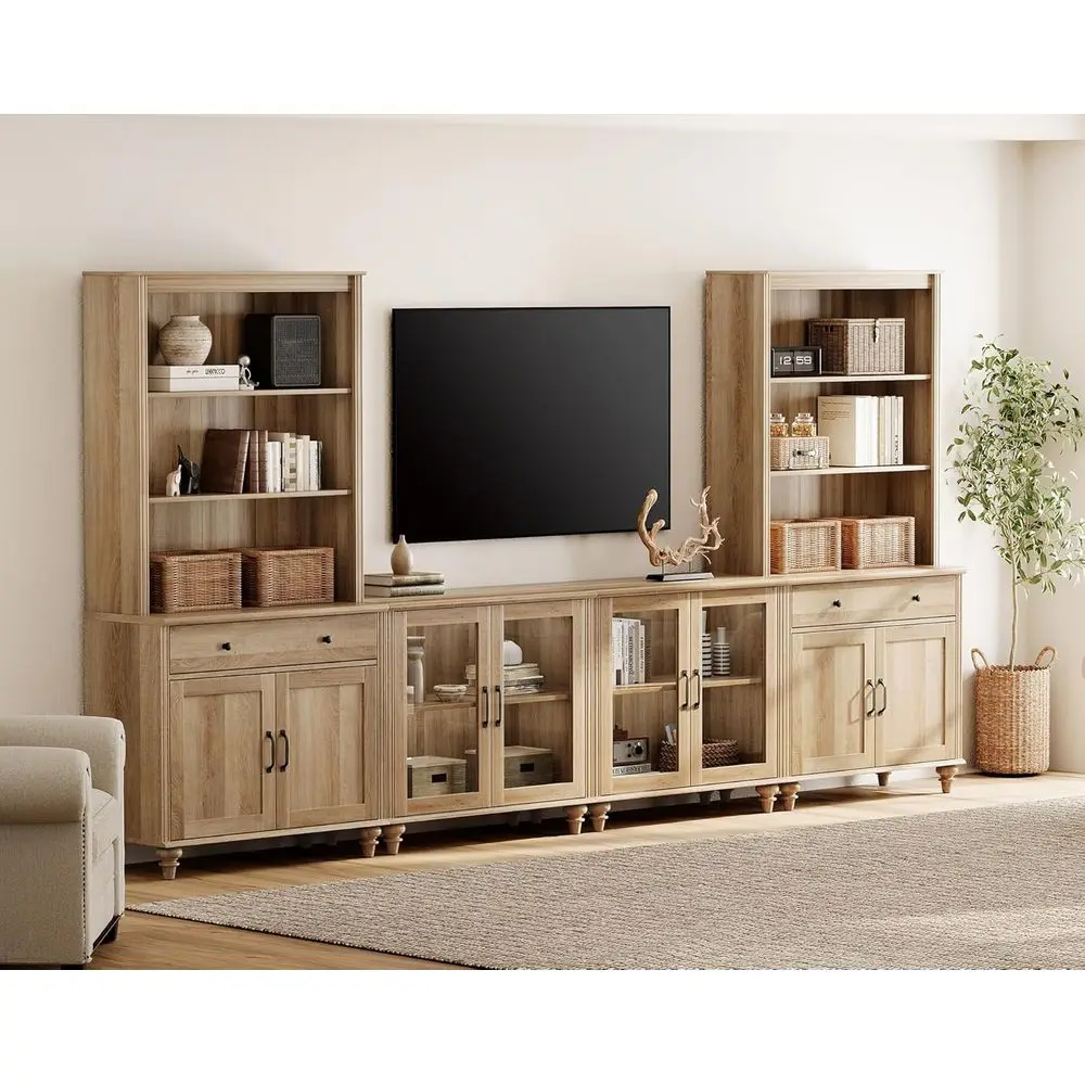 

Oak Wall Unit TV Stand with Glass Doors, Suitable for 75 TVs, Bookshelves, Media Storage for Living Room and Home Theater