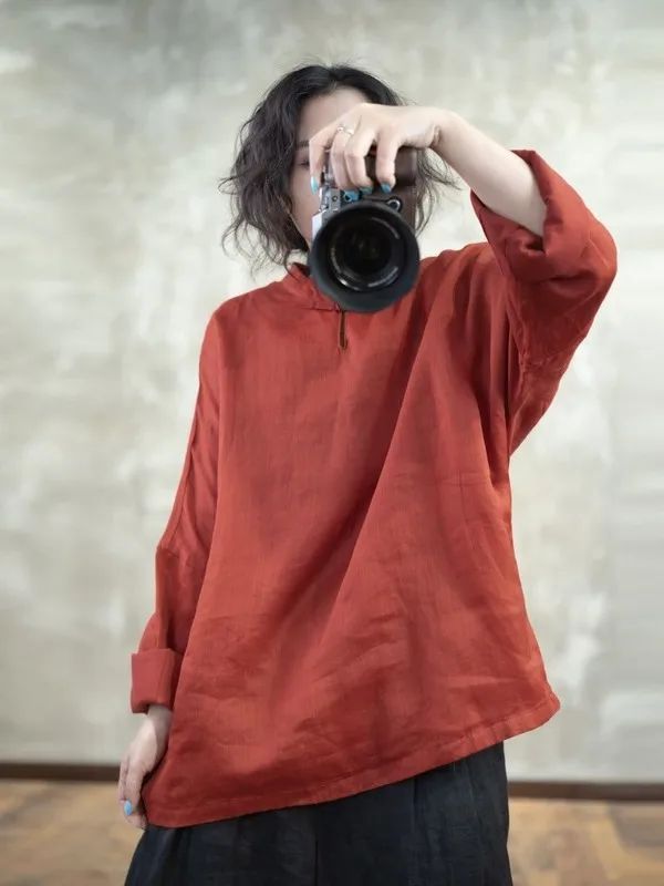 

Elegant Handmade Button Stand Collar Loose Slimming Long Sleeve Shirt Spring 2026 Commute Style Women's Fashion Casual Shirt