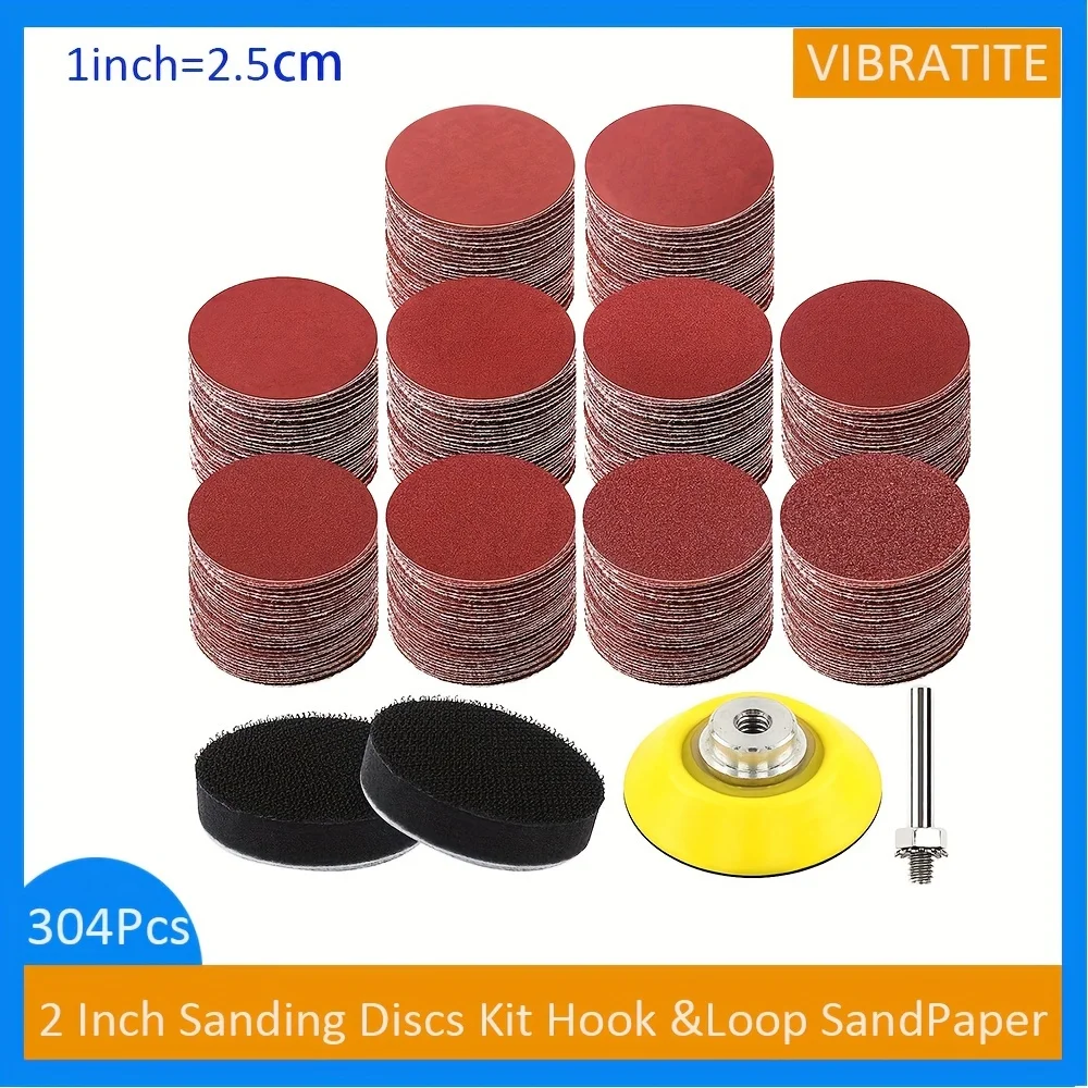 304 Pcs 2 Inch Sanding Discs Kit Hook and Loop Sandpaper  60-2000 Grit,with Backer Plate Buffering Pad for Grinder Rotary Tool