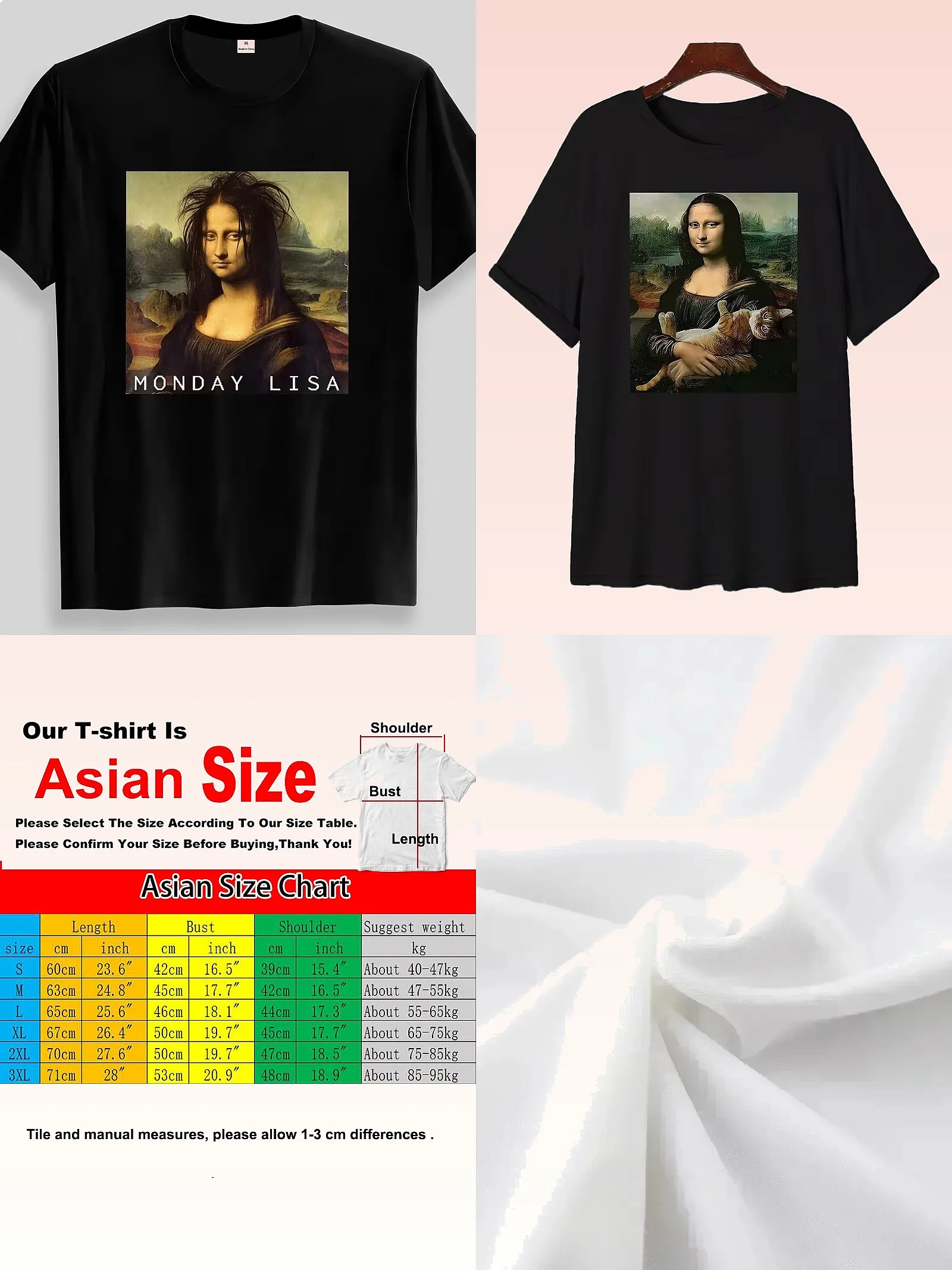 Unisex Grunge Funny Monday Mona Lisa Parody Graphic T-Shirt Sarcastic Art Print Casual Summer Streetwear Top