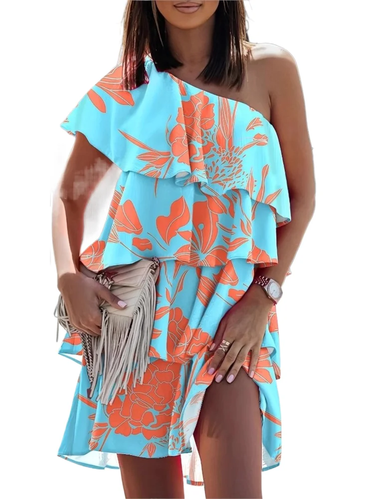 

Boho Floral Print Dress Lady Fashion Sleeveless Ruffles Mini Dresses For Women Casual Holiday Beach Party Skirt Womens Clothing