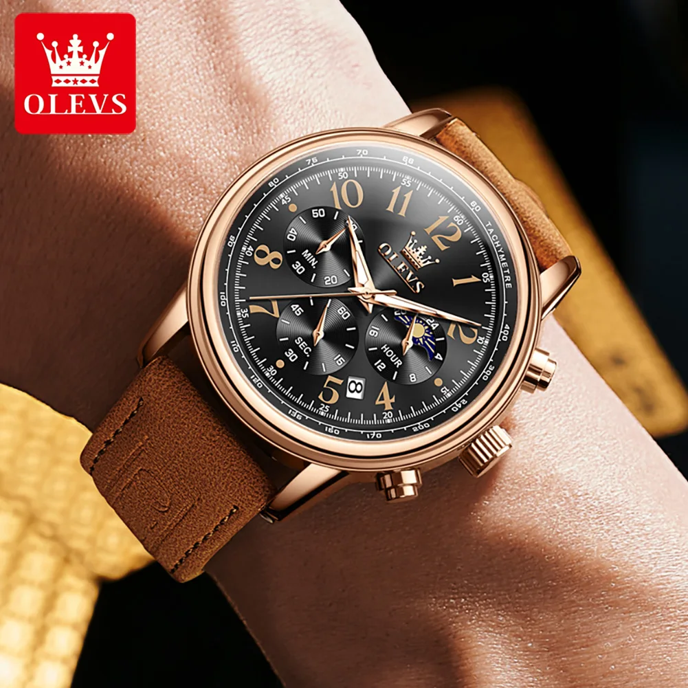 OLEVS 2912 Men\'s Watches Brown Leather Strap Multifunctional Chronograph Moon phase Waterproof Fashion Leisure Watch for Men NEW