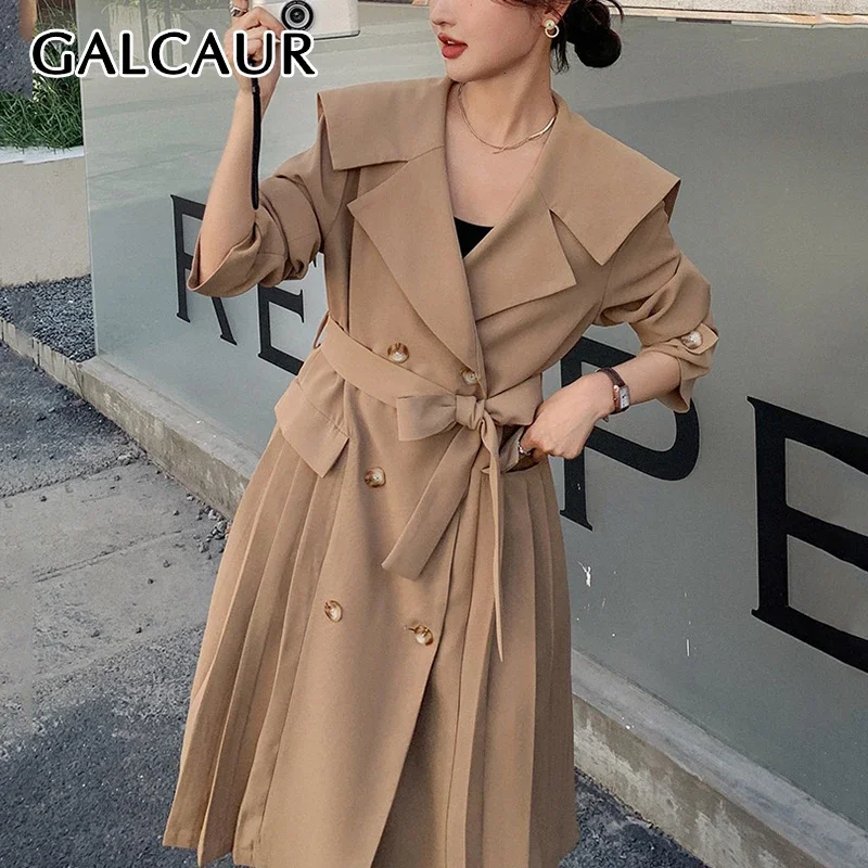 

GALCAUR Khaki Color Classic Basics Trench for Women Navy Collar Long Sleeve Patchwork Lace Up Pleated Windbreaker Female Autumn