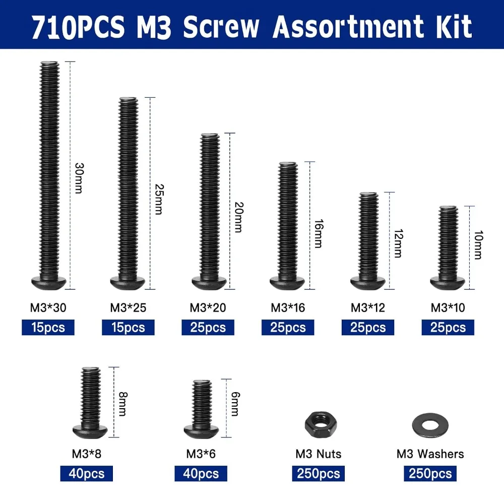 710PCS M3 Hex Button Head Screw Kit 10.9 Alloy Steel Black Zinc Plated Nuts Washers M3x6-30mm Metric For 3D Printing Assembly