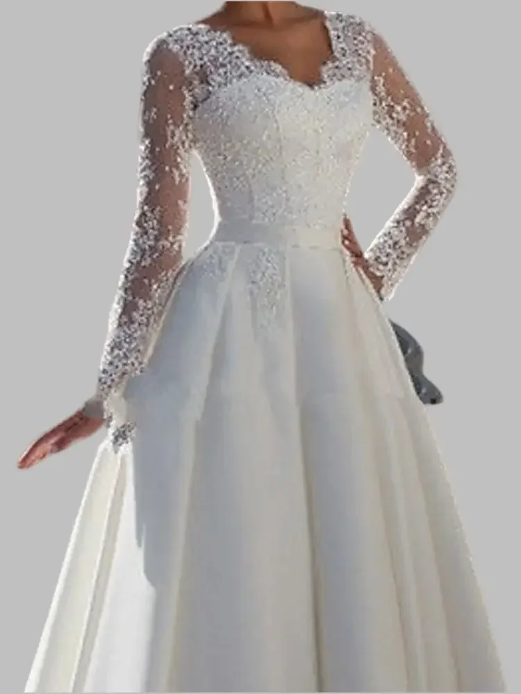 Robe de Mariée Élégante en Mousseline de Soie, Collier en V, Filet Transparent, Double Épaule, Dos aux, Décalque, Grand Train