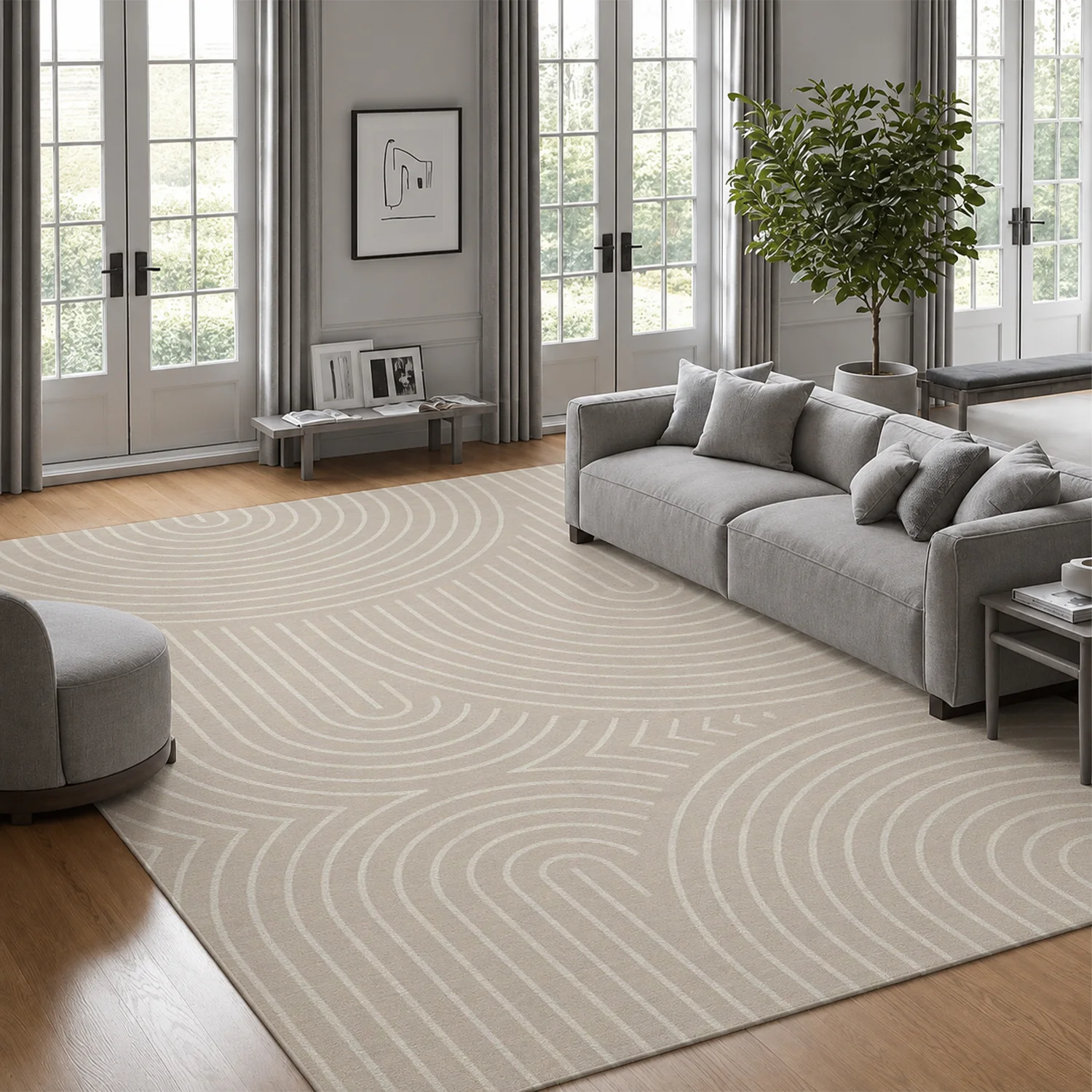 Large Indoor Area Rug, Soft Velvet Low Pile, Non-Slip Dotted Backing, Machine Washable Minimalist Geometric Curved Beige Rug for Living Room Bedroom