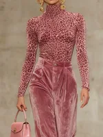 Bonboho-Top rosa con estampado de leopardo para mujer, blusa ajustada con cuello alto para primavera y verano, ropa informal de oficina, ropa de calle elegante