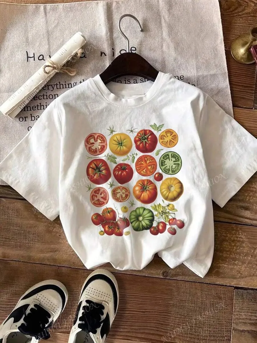

Plus Size Women's White T-Shirt with Tomato Print Short Sleeve Cute Aesthetic Streetwear Tops Garden Shirt Cottagecore Clothing