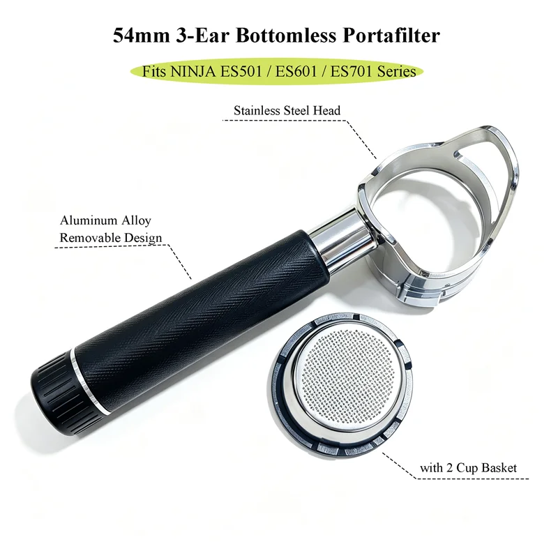 54mm 3-Ear Bottomless Coffee Portafilter with 2 Cup Basket, Fits NINJA ES501/ES601/ES701 Series Espresso Machine