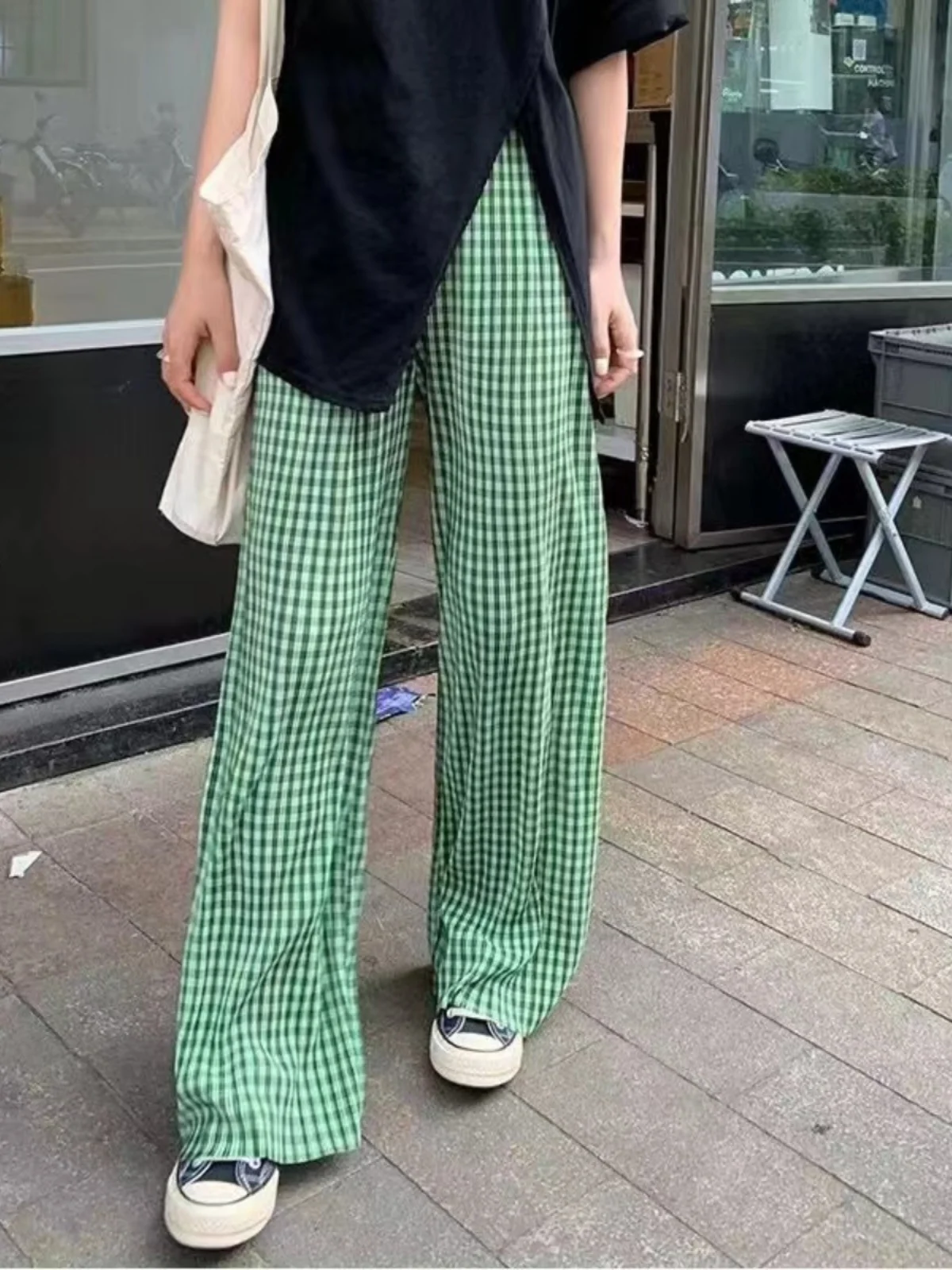 Lake een Ice Zijde Geruite Broek Dames Zomer Dunne Hoge Taille Gedrapeerde Zonwering Cool Rechte Casual Broek