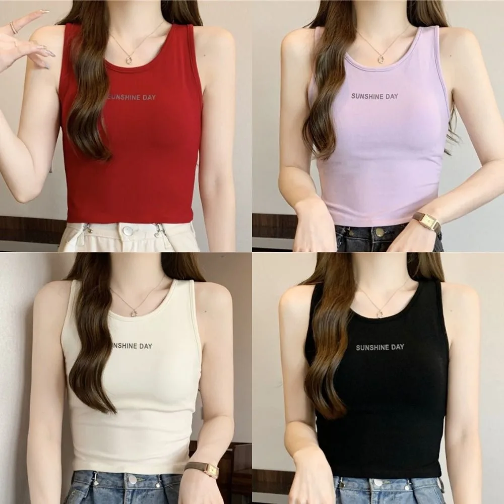 Korean Basic Cotton Skinny Vest Letter Sleeveless Bra with Pads Camisole Streetwear Solid Color Tanks Tops Women Girls