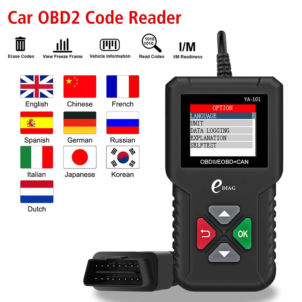 

Устройство считывания кодов OBD2, чистый многоязычный сканер OBD 2, цифровой дисплей, 16-контактная универсальная версия, автомобильные диагностические инструменты