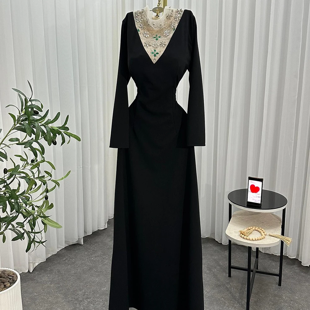 

Customized A-line Evening Dresses Floor-length High-neck Full Sleeve Prom Gown Fashion Crystal Beading Simple Draped Party Gown