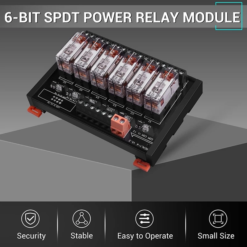 Modul relai Hot-DC 24V, modul sakelar SPDT 6 saluran dengan modul relai daya rel DIN Optocoupler terisolasi