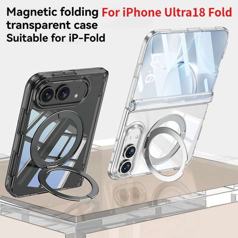 For iPhone Ultra18 Fold Transparent Stand Phone Case with Magnetic Hinge Protection Compatible Film Integrated Design