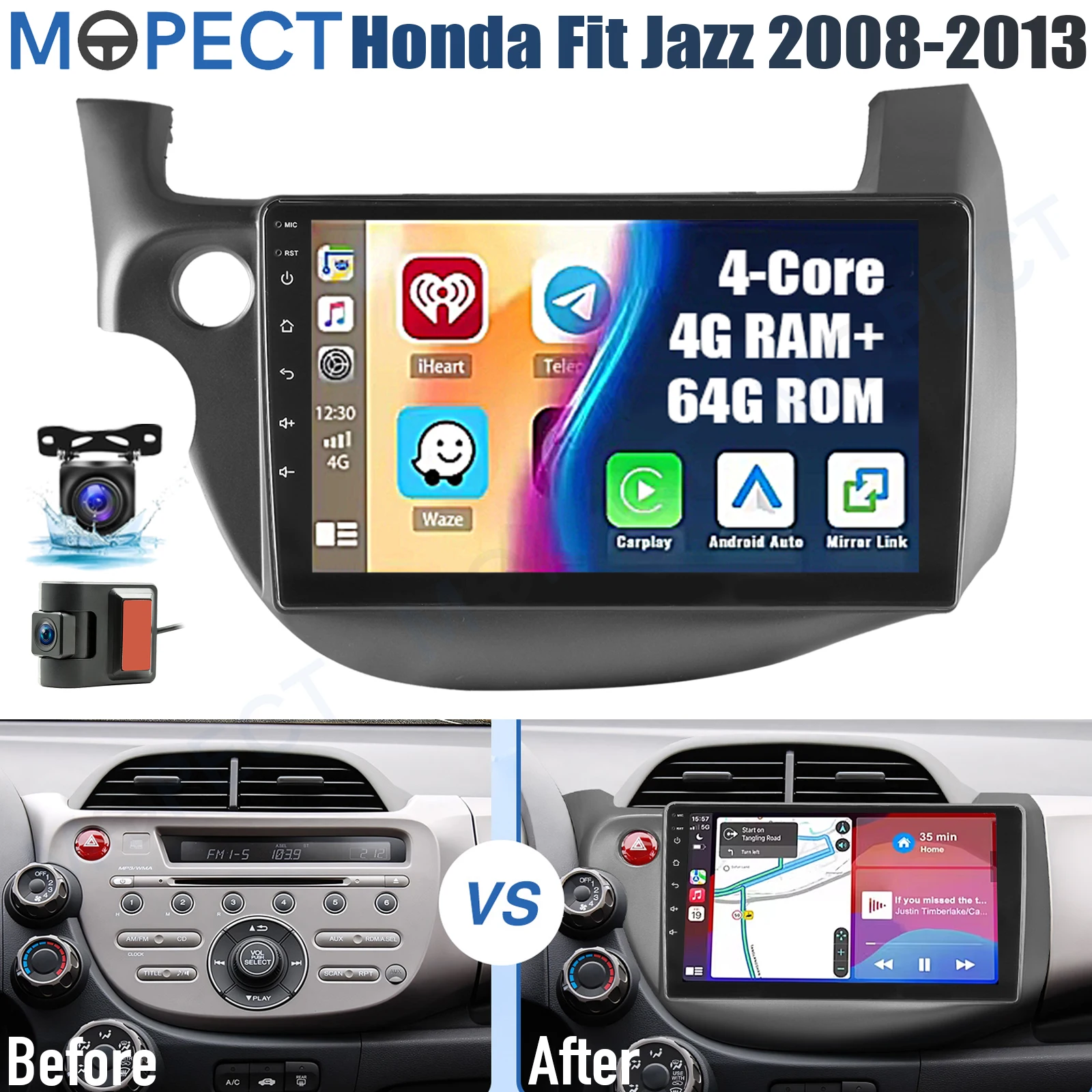 MOPECT 10 inch autoradio 4+64GB voor Honda Fit Jazz 2008-2013 Android 15 CarPlay AM/FM GPS Navigatie BT Touchscreen+DAB&DVR&Camera