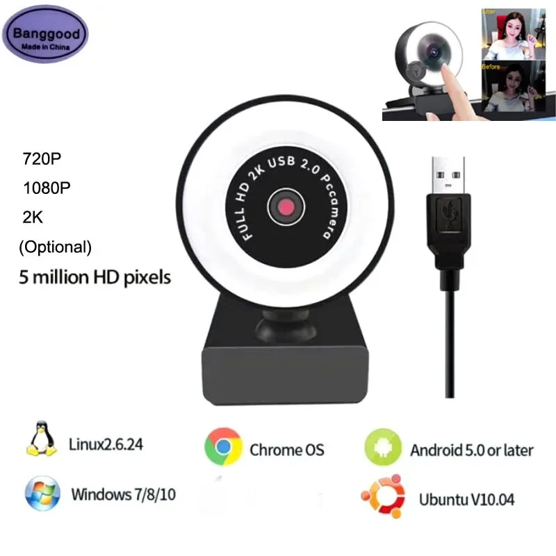 Webcam HD para computador e PC, Câmera de computador, Redução de ruído, Microfone com microfone, Luz embelezadora, 5 milhões de pixels, Chamadas de vídeo, 720p, 1080p, 2K