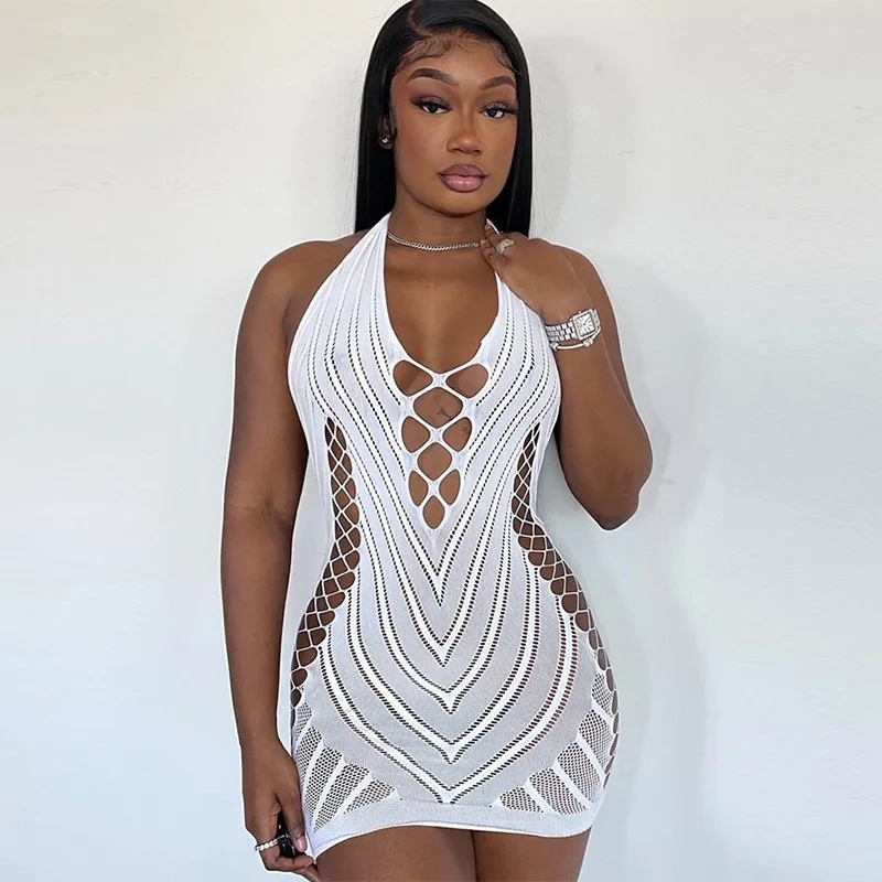 Sexy Fishnet Halter Backless Dress Low Cut Tight Pencil Cute Dress Mini Short Dress Nightclub Dance Dress Dresses For Women 2023