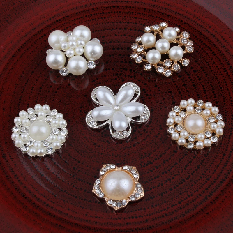 30PC Hot Fix Vintage Round Metal Rhinestone Buttons Bling Flatback Flower Centre Crystal Pearl Buttons for Hair accessories