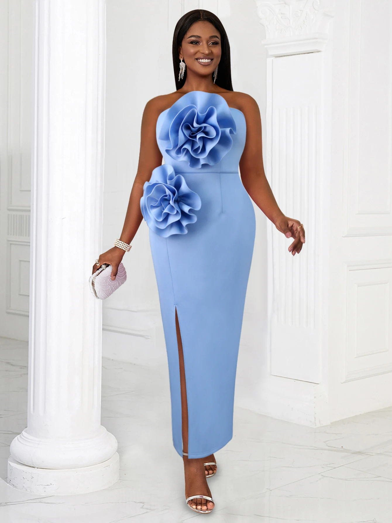 Strapless Party Dresses Women Blue Flower Appliques Empire Bodycon Slit Evening Cocktail Wedding Occasion Ankle Length Outfits