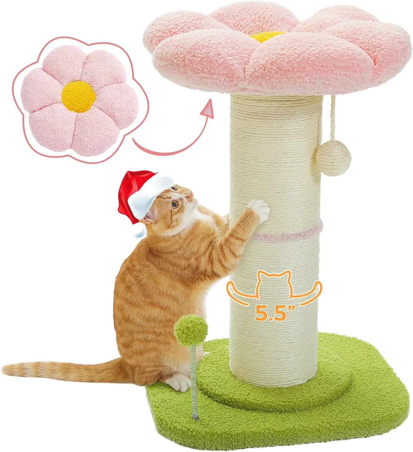 Pink Flower Cat Scratching Post with Removable Bed, Thick Sisal Post & Spring Ball Toy for Indoor Cats