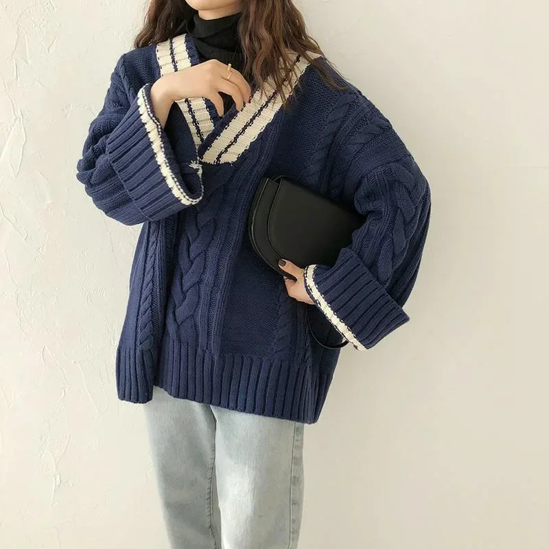 HELIAR Oversize Sweet Women Sweaters Long Sleeve V Neck Vintage Lazy Wind Knitted Pullovers Korean Patchwork Casual Loose Jumper