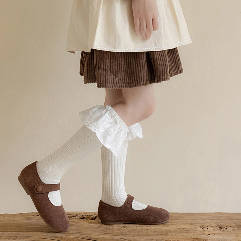 2-10Year Baby Girls Knee High Socks Long Kids Soft Cotton Lace Stuff Princess Style Children's Sock Cute Kids Ruffle Leg Warmers