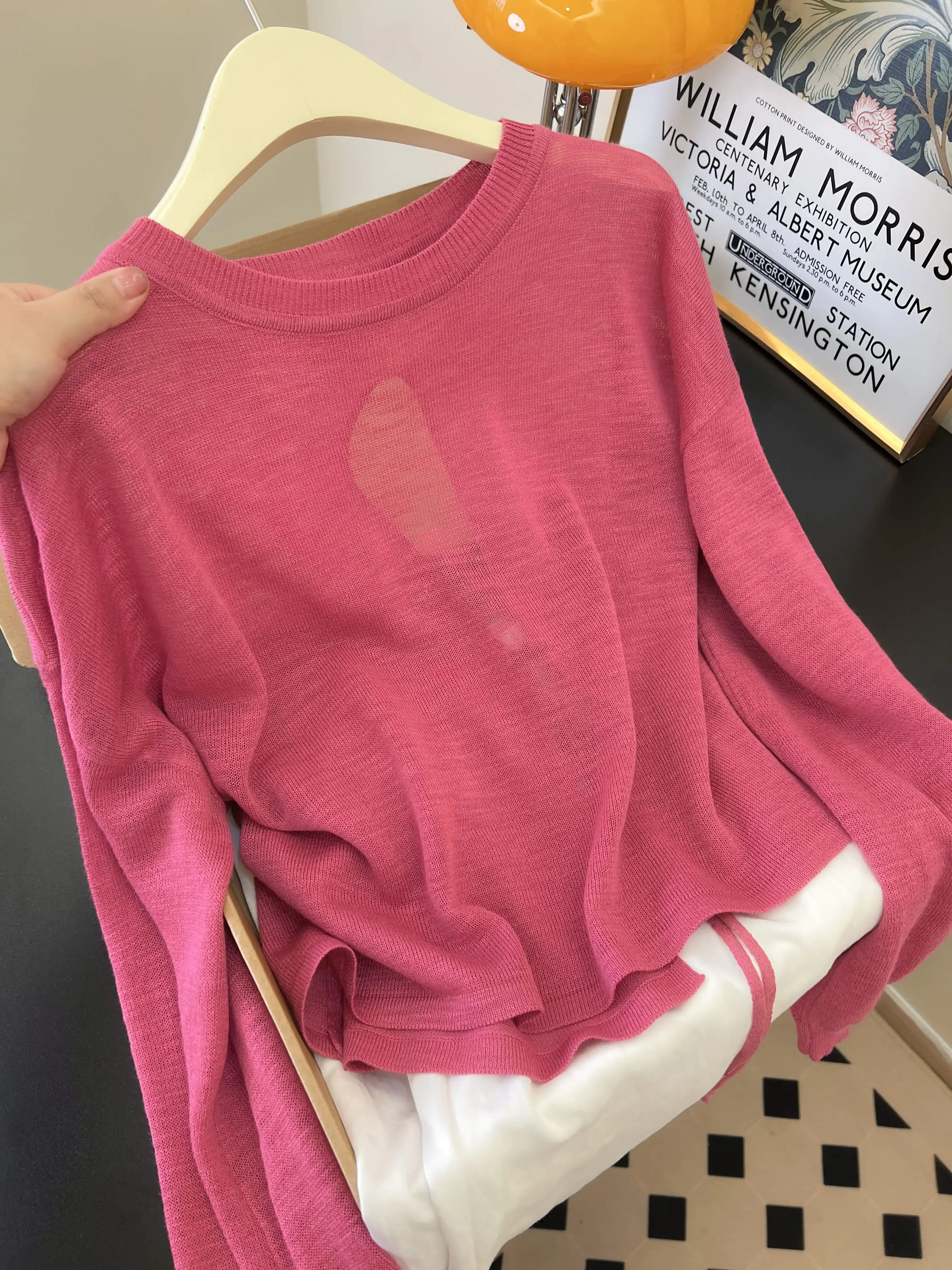 

Women's Pure Color Knitted Cover Up Top Loose Semi-Transparent Long Sleeve T-Shirt