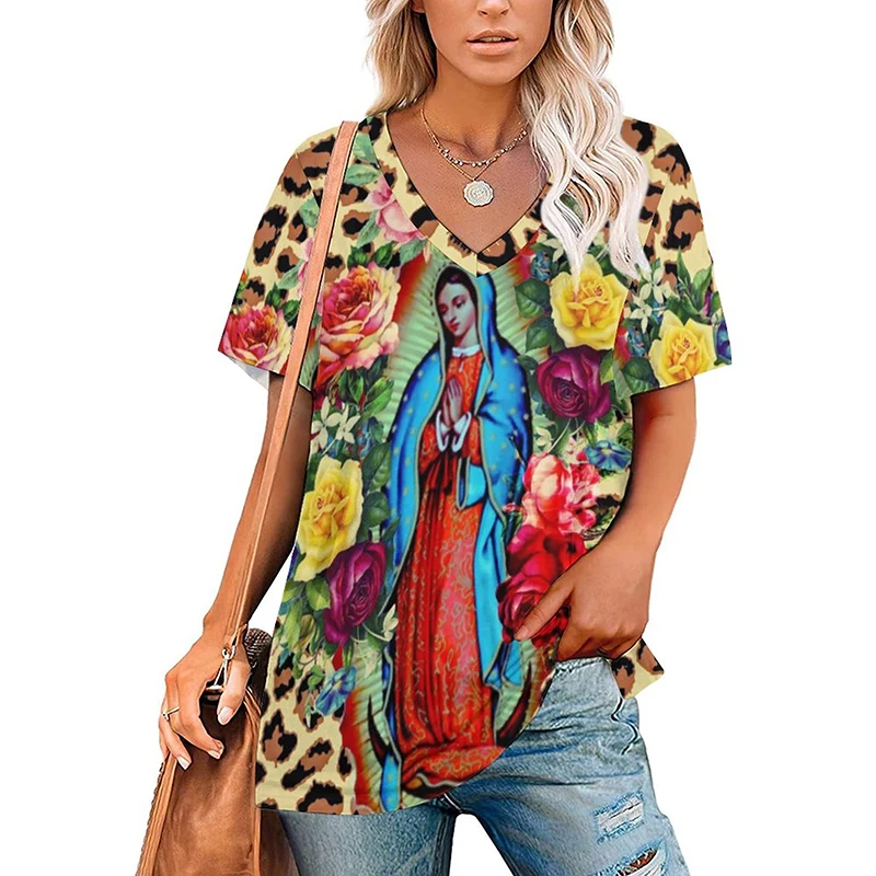 Summer Virgin Mary 3D Print T-shirts Retro Women V-Neck Casual T Shirt Y2k Top Harajuku Streetwear Oversized Tee Woman Clothing