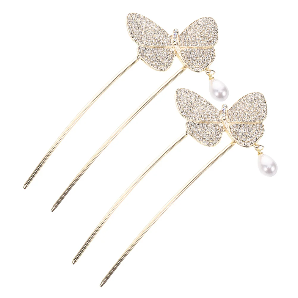 

2pcs U-Shaped Forks Butterfly Hair Pins Vintage Chinese Style Chignon Chopsticks Retro Bun Hair Accessories For Women 2 Prong