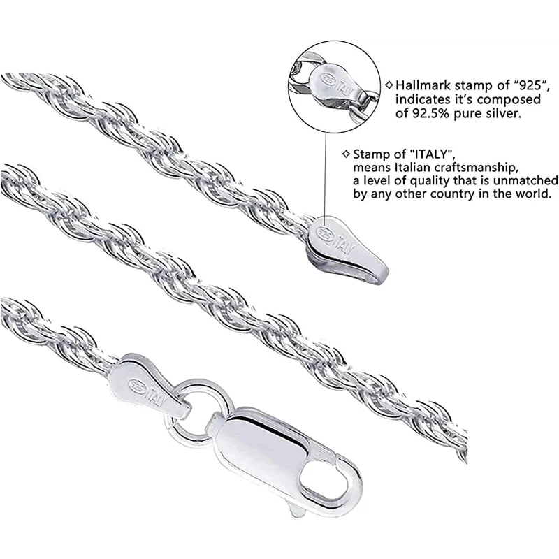 Silver 6mm Solid Italian Rope Diamond Cut Twist Link Chain Necklace with Gift Box for Men & Women - Made in Italy