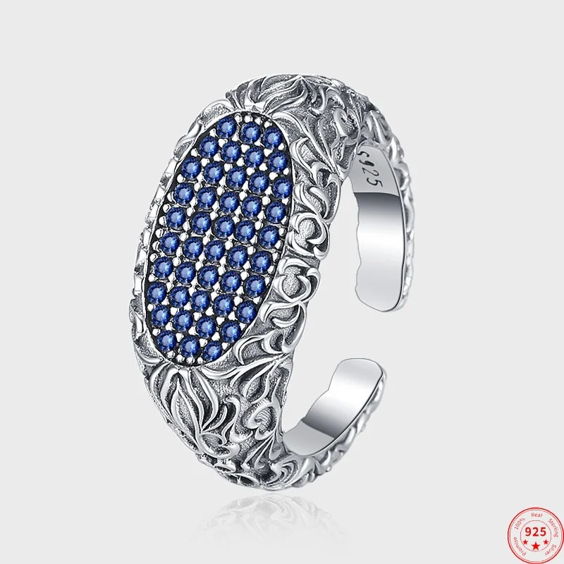 S925 Sterling Silver Rings for Women New Fashion Relief Eternal Rattan Pattern Micro Inlaid Blue Zircon Jewelry