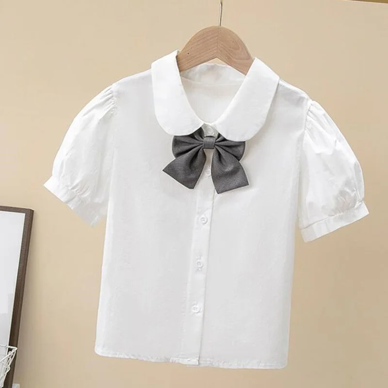 

Одежда в консервативном стиле, детские хлопковые топы, рубашки с короткими рукавами и бантом, летняя школьная форма для детей от 4 до 15 лет, белая блузка для девочек, детская рубашка