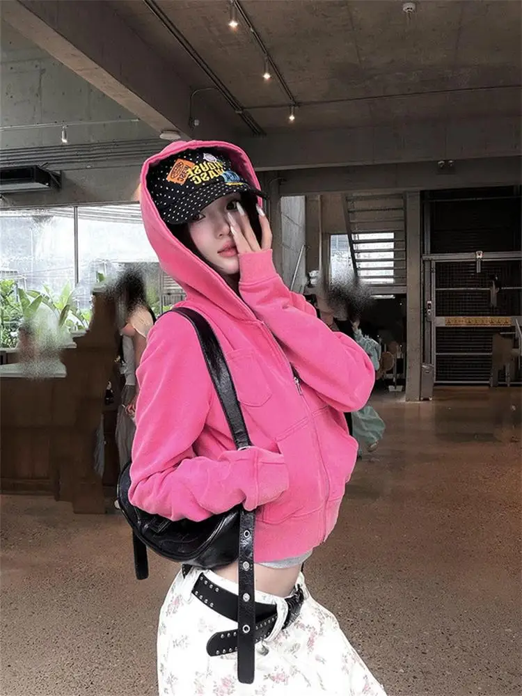 Autumn Winter Top Vintage Washed Hoodies Women Streetwear Zip Up Sweatshirts Hooded Long Sleeve Harajuku Crop Top Y2k Clothing