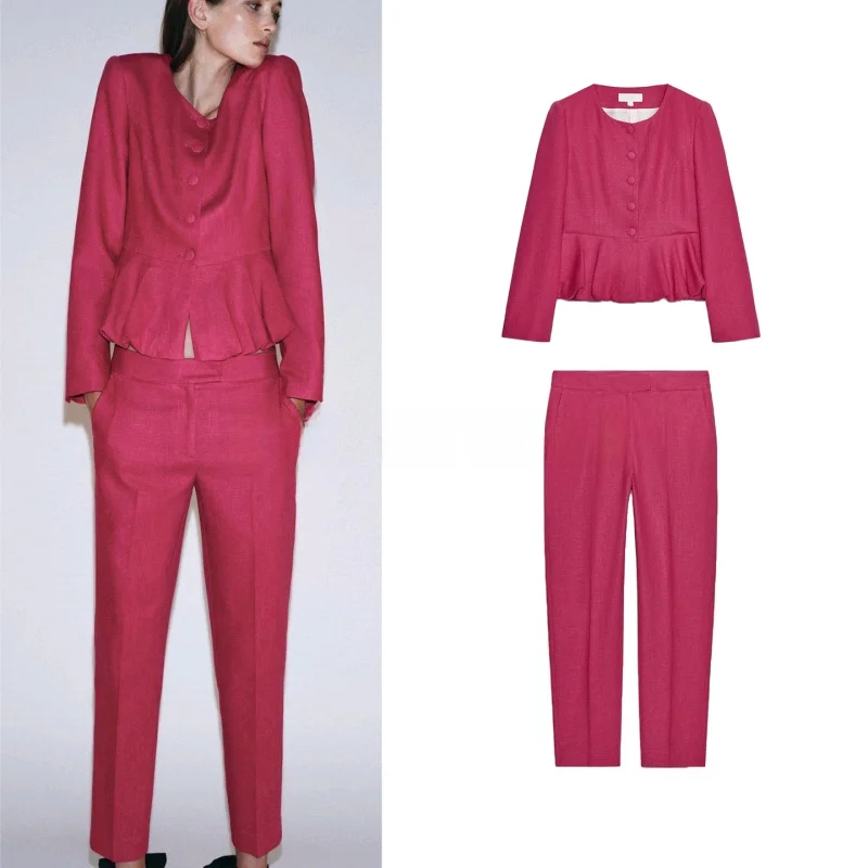 

Женский льняной костюм Long Sve Suit Jaet 849390, прямые брюки с высокой талией 850390, модный комплект из двух предметов, осенняя одежда