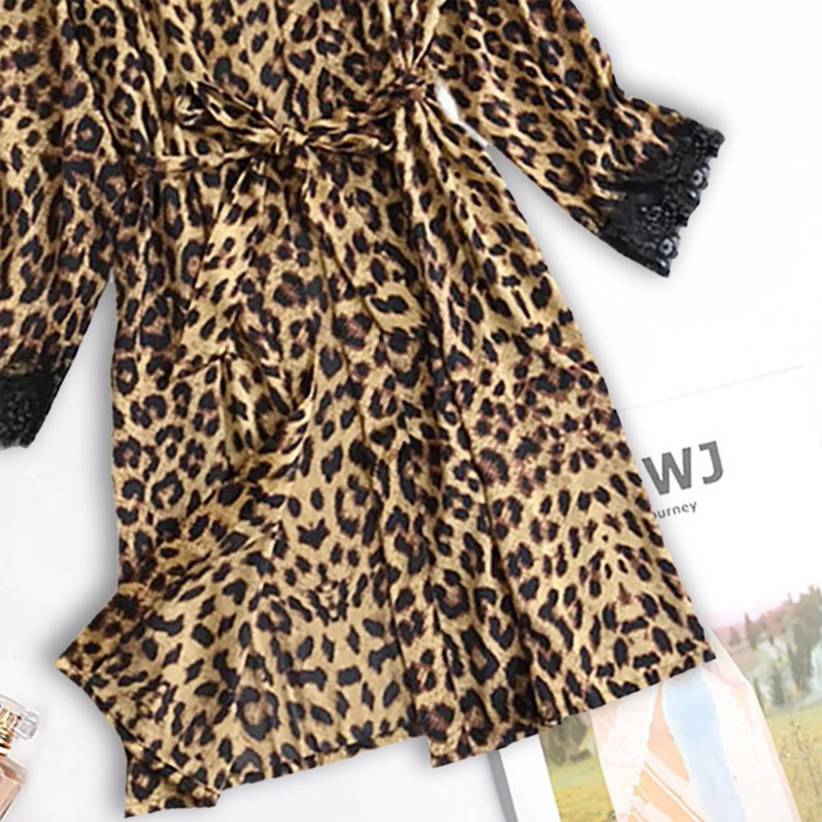 Women Satin Silk Pajamas Robe Sexy Leopard Print Lace Patchwork Lace Up Belted Bathrobe Luxury Nightgown Long Sleeve Sleepwear