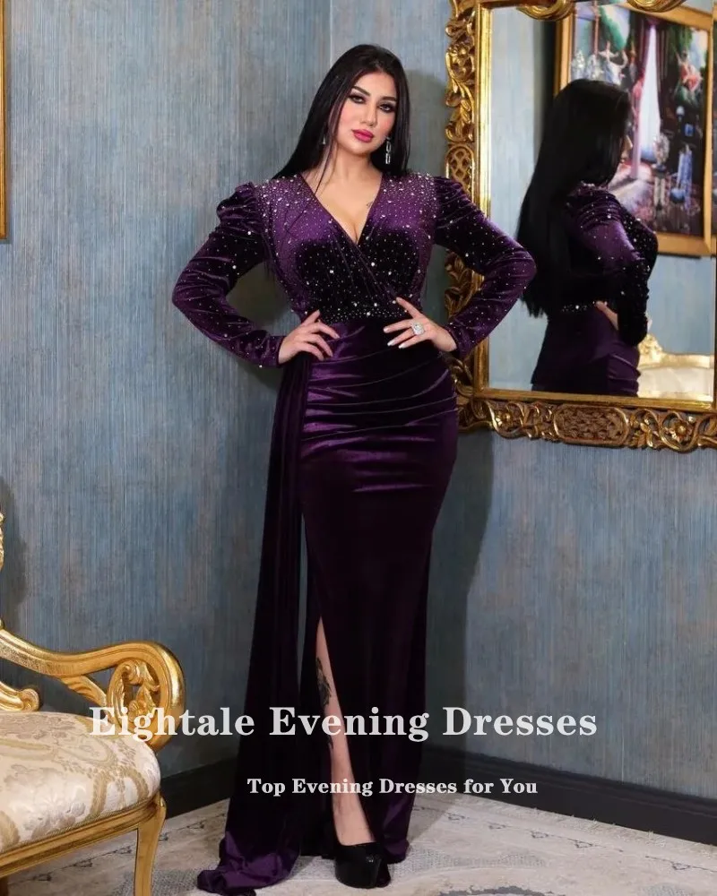 Eightale Velvet Evening Dress for Wedding Party V-Neck Beaded Plus Size Mermaid vestidos otoño invierno Long Sleeves Prom Gowns