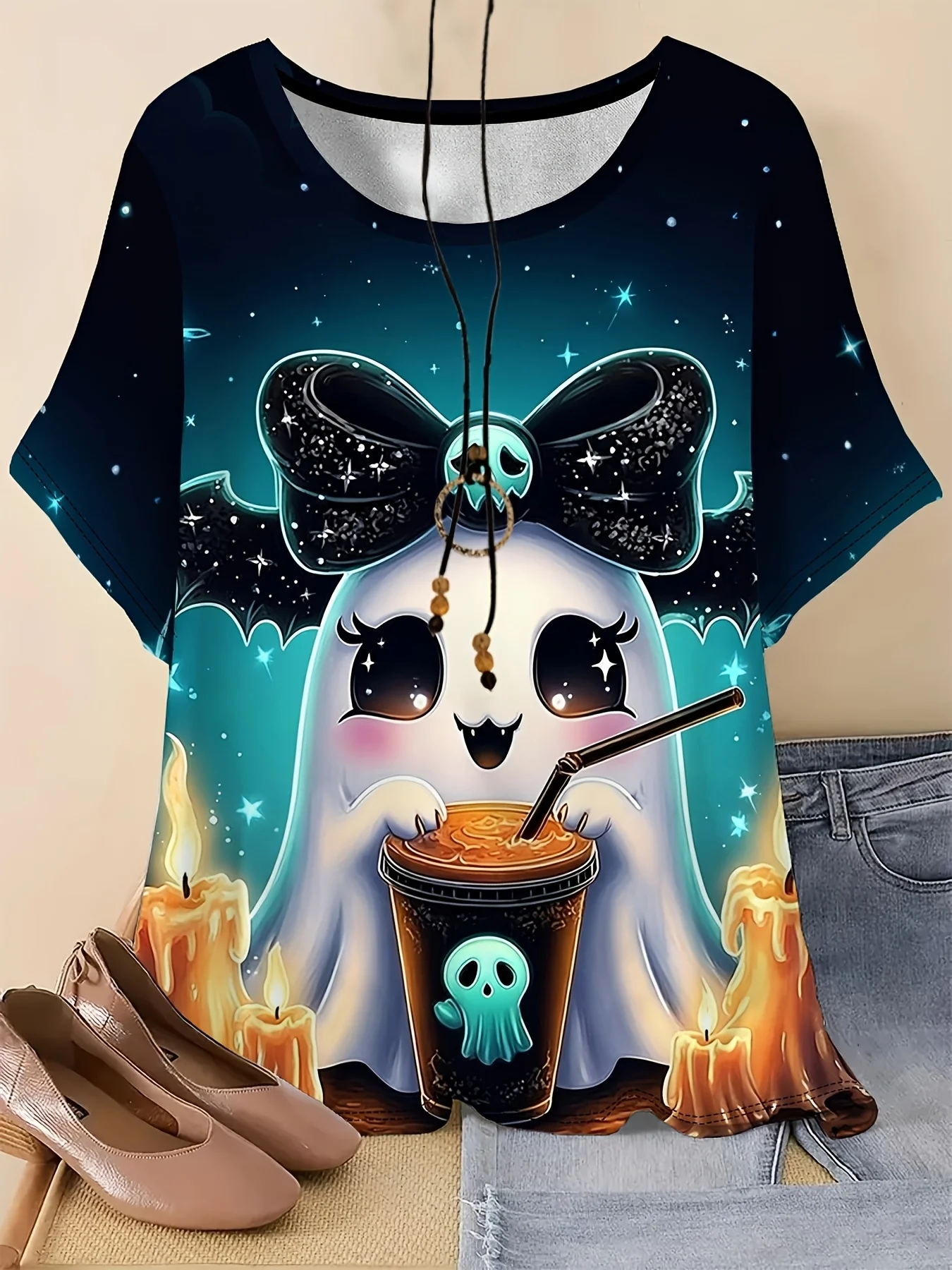 Women Round Neck Short Sleeve Tee Top Halloween Cute Ghost Drink Candle Print Casual Summer Daily Wear Women's Clothes