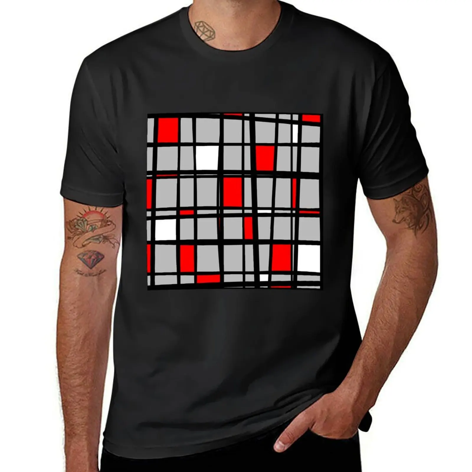 Gridlock - Abstract - Gray, Red, White, Black T-Shirt plus sizes Aesthetic clothing Short sleeve tee men