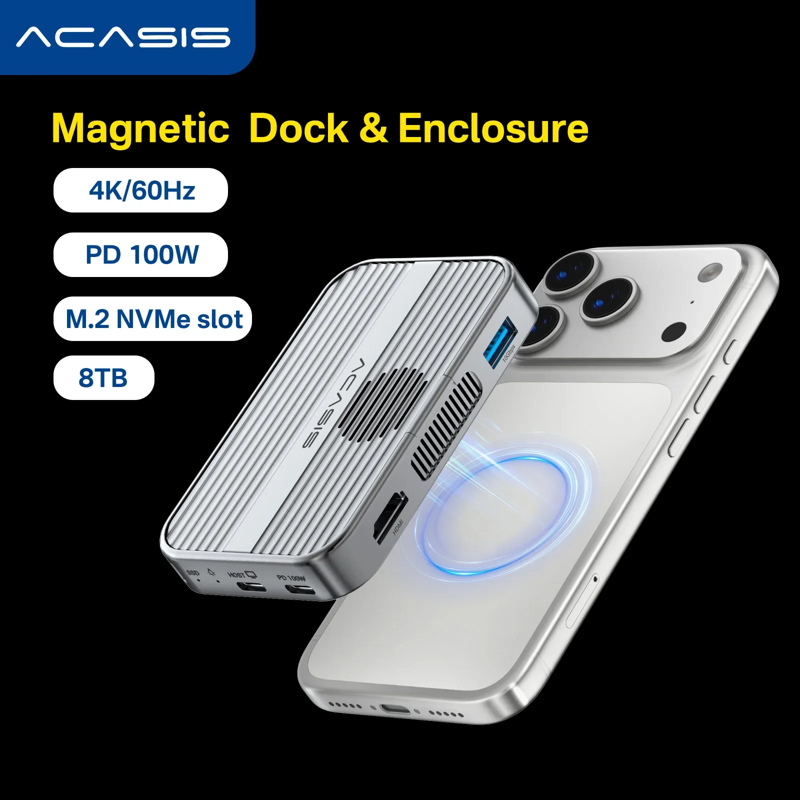 Acasis - Carcasa Magnética para SSD M.2 NVMe de 10 Gbps y Estación de Acoplamiento USB-C con TF/SD 3.0 4K 60HZ para iPhone 17/17 Pro/iPhone 16/16 Pro