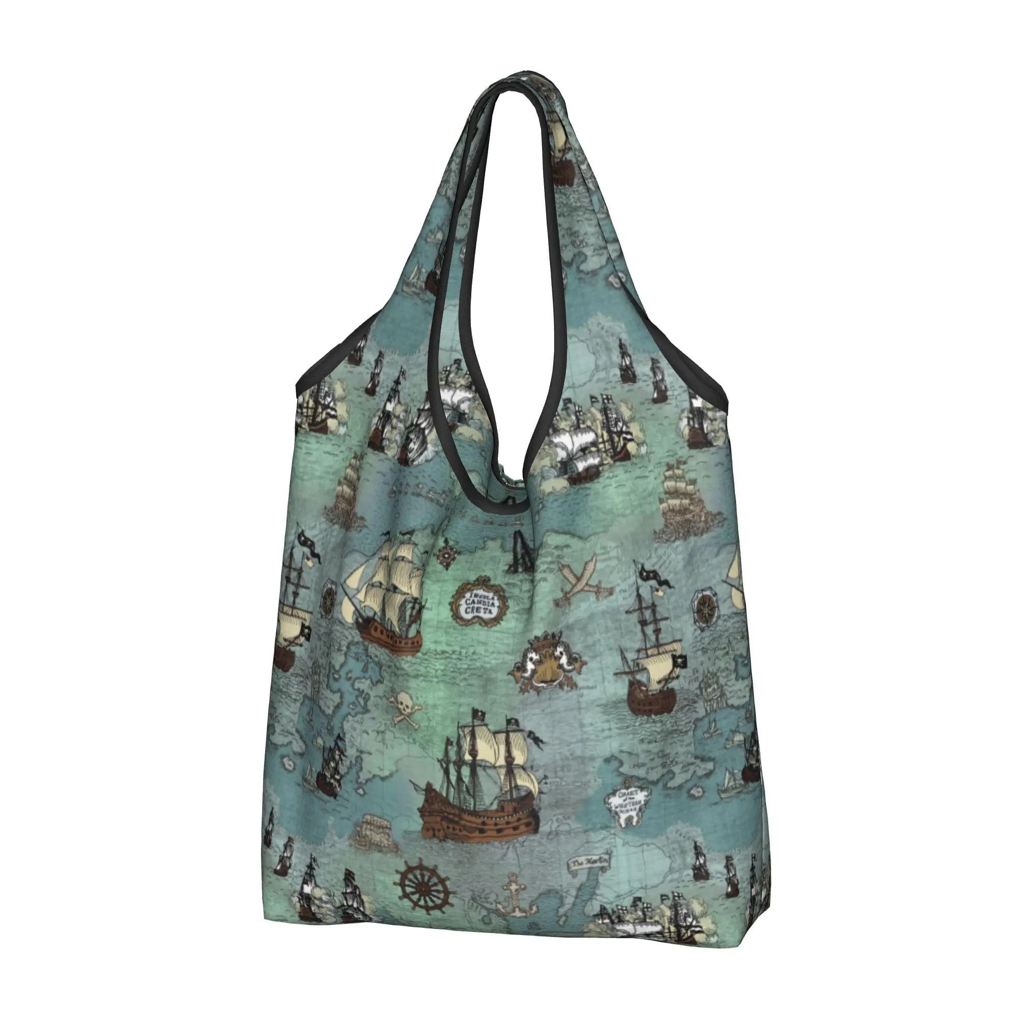 bolsa-de-compras-portatil-com-estampa-nautica-de-mapa-pirata-e-caveira-de-marinheiro