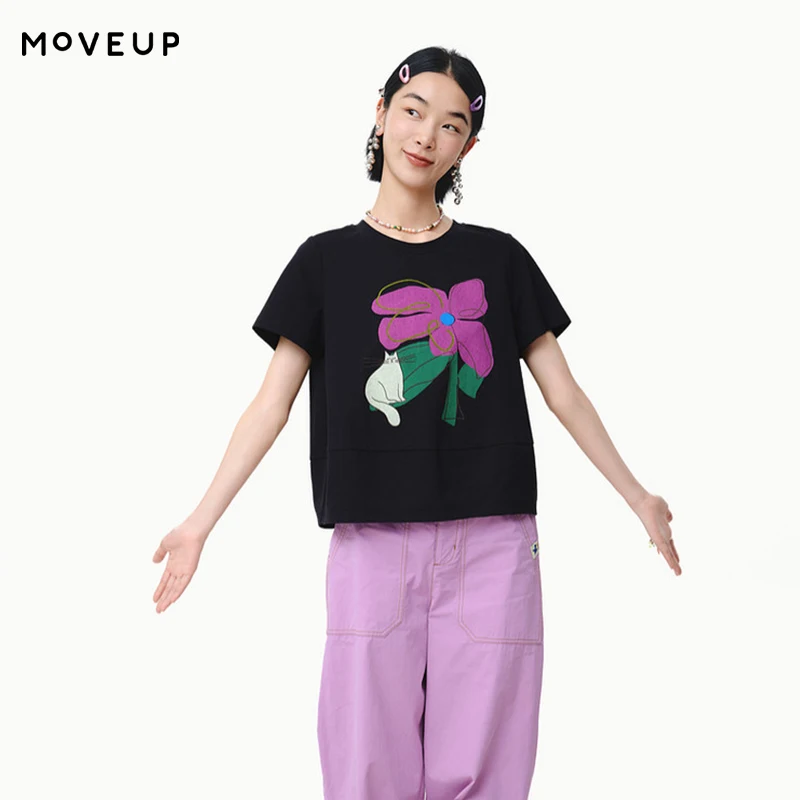 

MOVEUP Commuter Short Sleeves Round Neck T-shirt 2026 Spring Color Contrast Cartoon Printed Casual Knitted Top Women 325110559