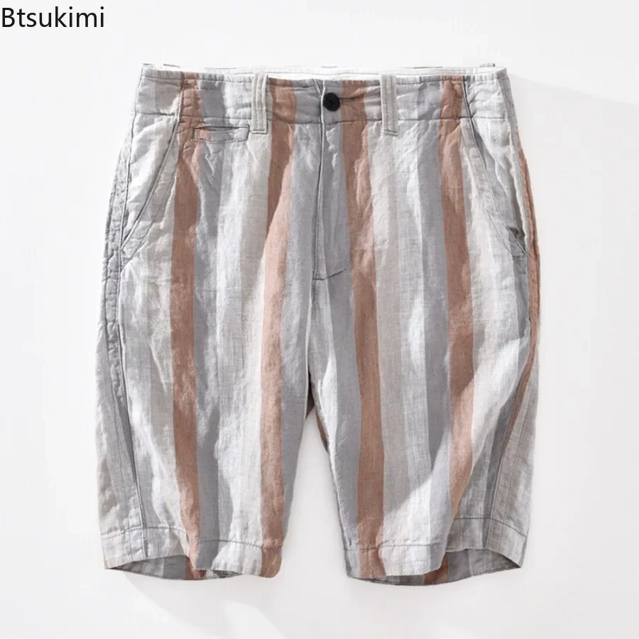 

Men's Summer Contrasting Striped Linen Shorts, Lightweight and Comfortable Beach Shorts, Loose Straight Leg Casual Cropped Pants