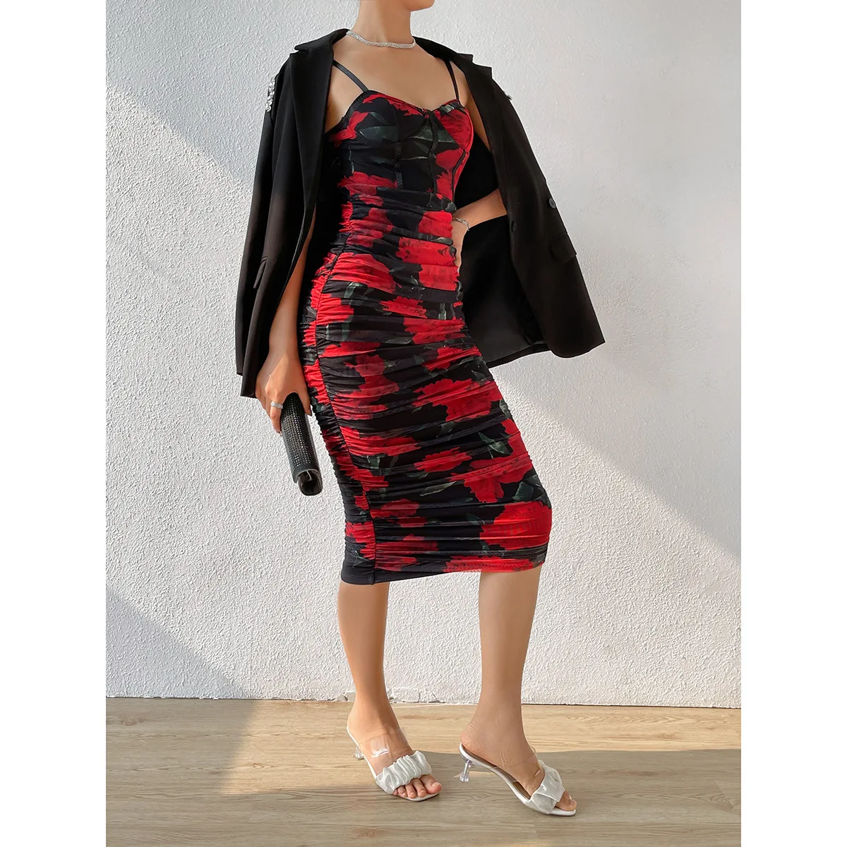 2025 신상 섹시 로우컷 유럽 및 미국 스파이스 걸스 프린트 메쉬 멜빵 스플라이싱 플리츠 레트로 드레스 여성 7268