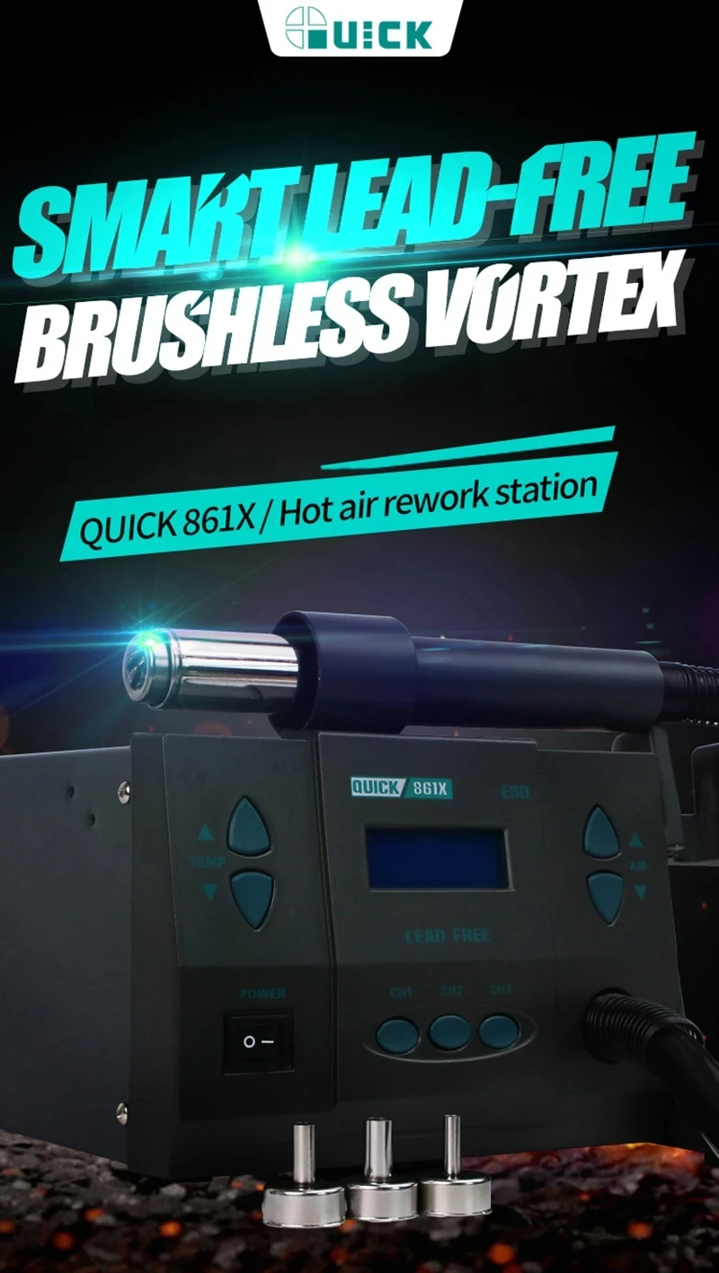 Quick 861X smart lead-free hot air rework station hot Gun Soldering Station with 3 air nozzle 1300W Desoldering Station